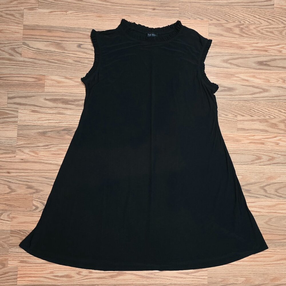 Nicole Miller 2X Sleeveless Black A-Line Shift Dress Ruffle Collar & Arm Details